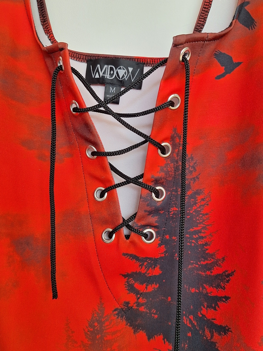 WIDOW Dolls Kill Red & Black Forest Lace-Up Bodycon Dress Stretchy Goth Sz M - Picture 4 of 8